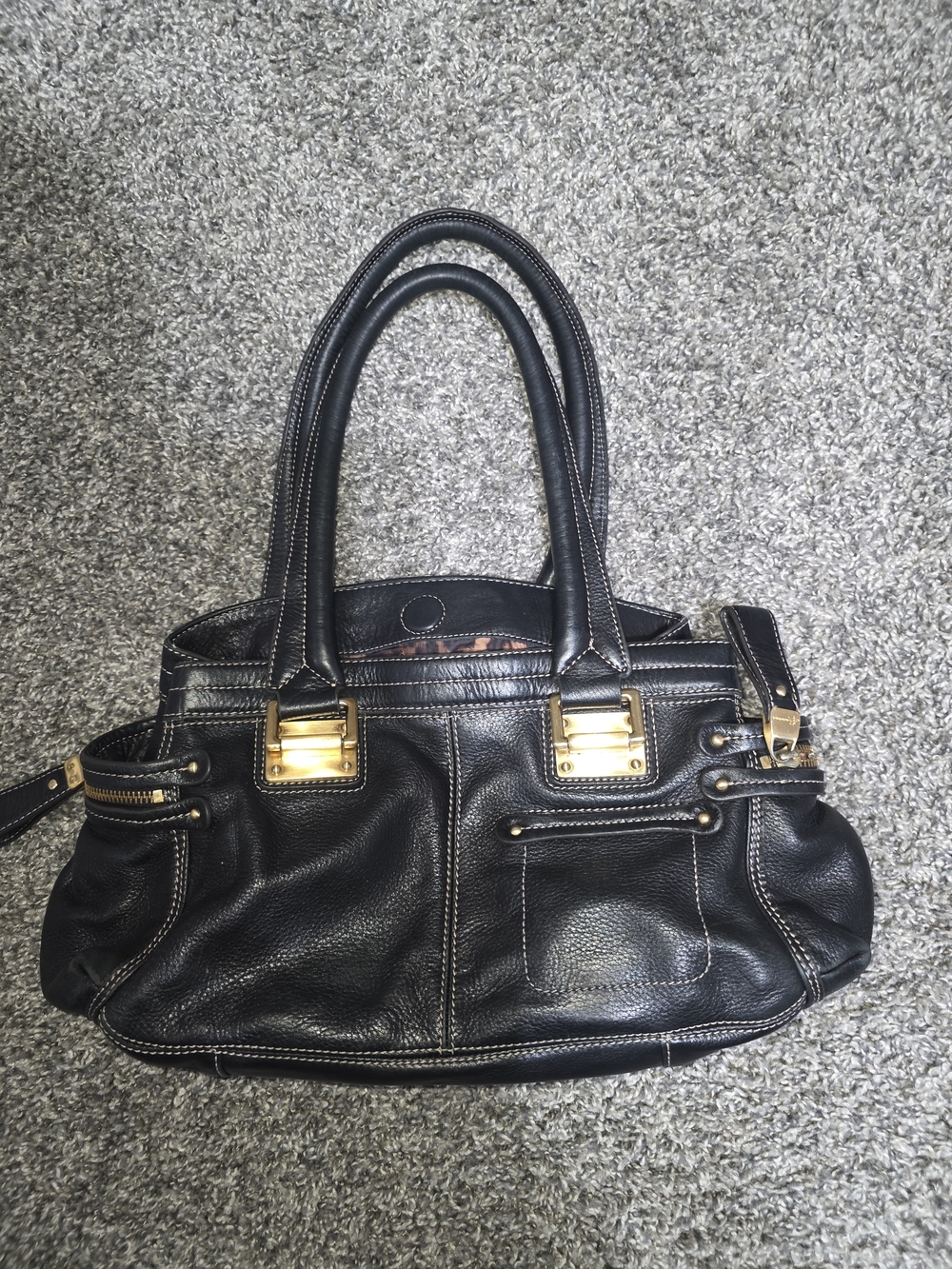b. makowsky Black Leather Satchel with Gold Hardware